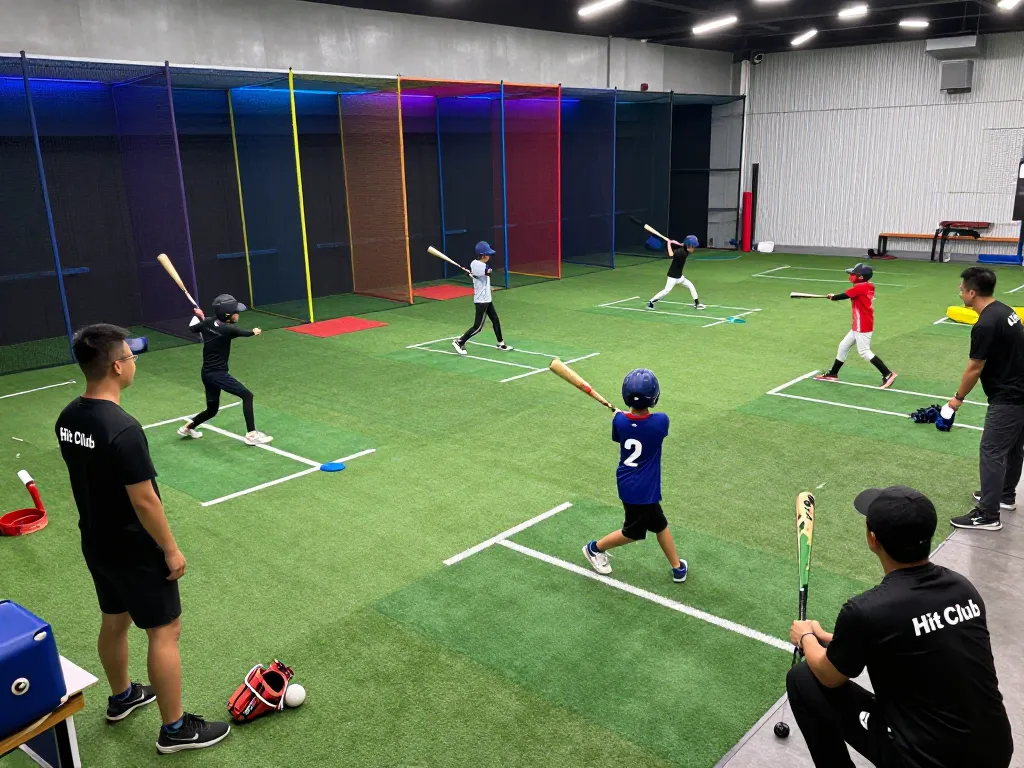 Young athletes training at Hit Club in baseball cages, showcasing dynamic practice and engagement