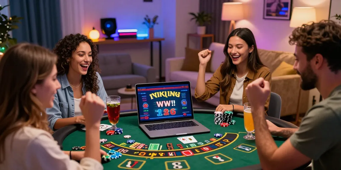 Des amis profitant d'une victoire sur un site casino en ligne avec une ambiance et une décoration animées.
