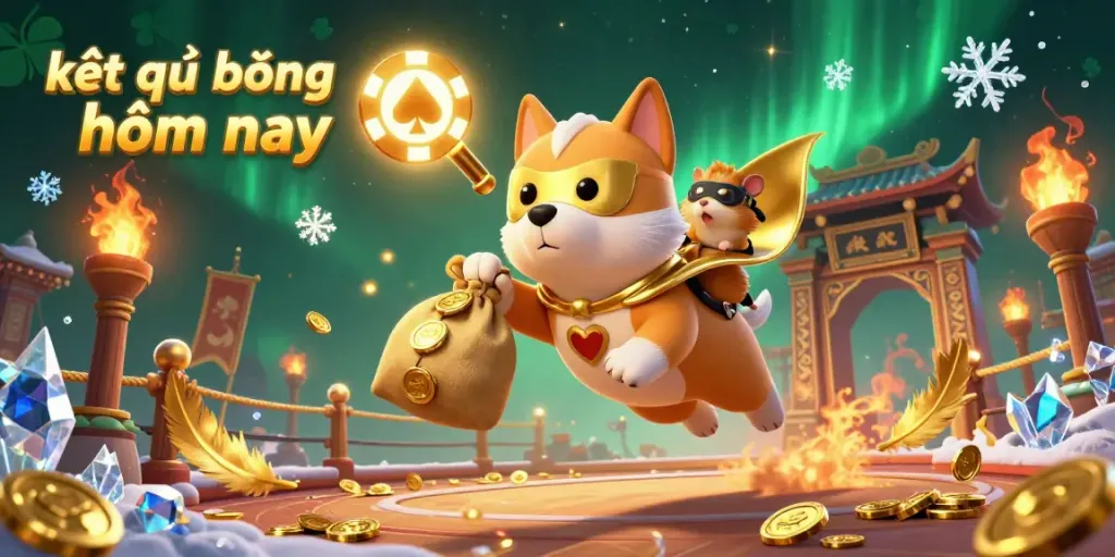 Experience the excitement of kết quả bóng đá hôm nay through this vibrant 3D illustration with our superhero dog and sidekick amidst golden coins and casino symbols.