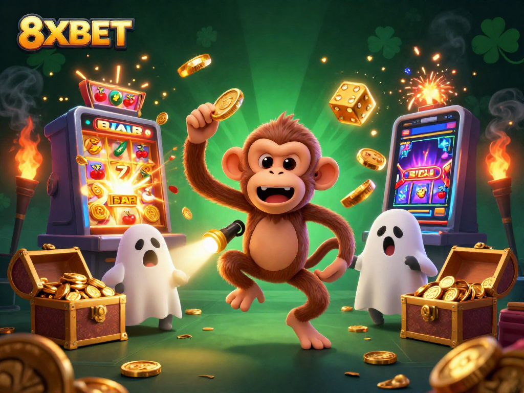Experience the thrill of 8XBET with a poltergeist monkey juggling gold in a vibrant casino scene.