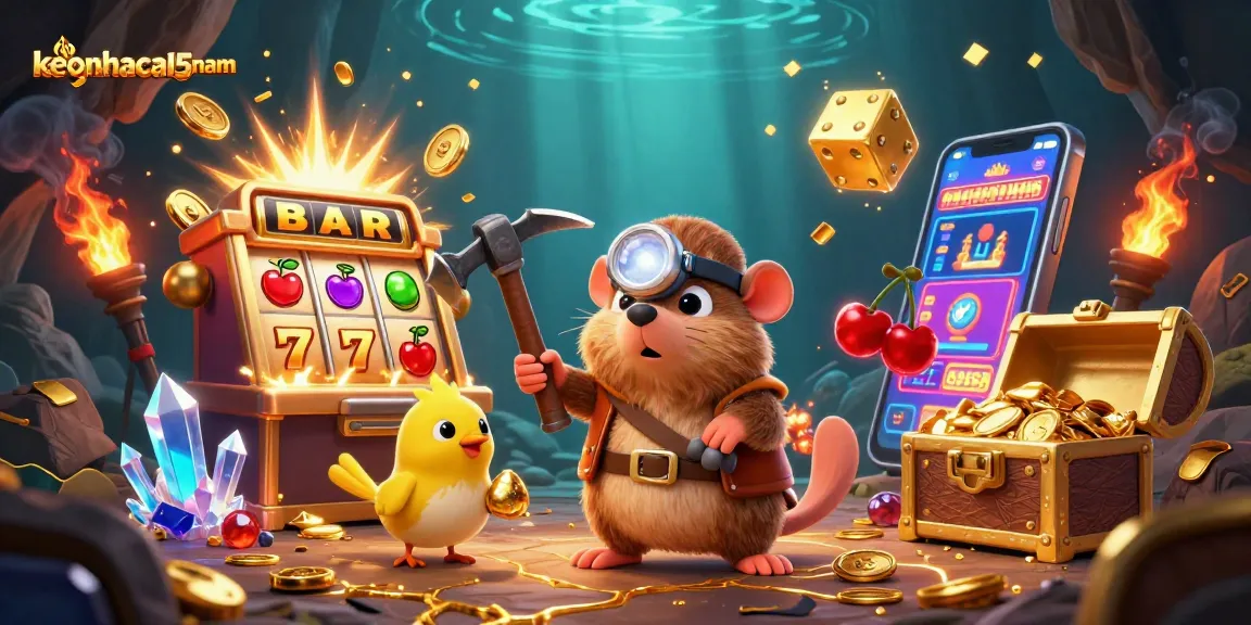 Engage with keonhacai5nam's thrilling gaming scene featuring a treasure hunter mole and dynamic casino elements.