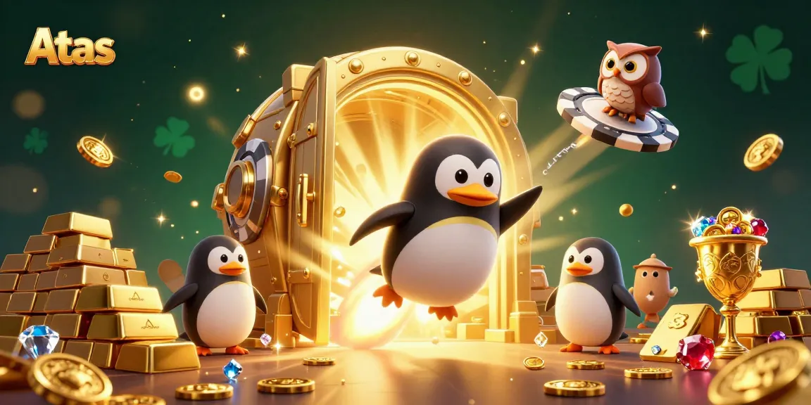 Atas Casino offers vibrant entertainment with a cartoon penguin and golden coins in a 3D illustration.