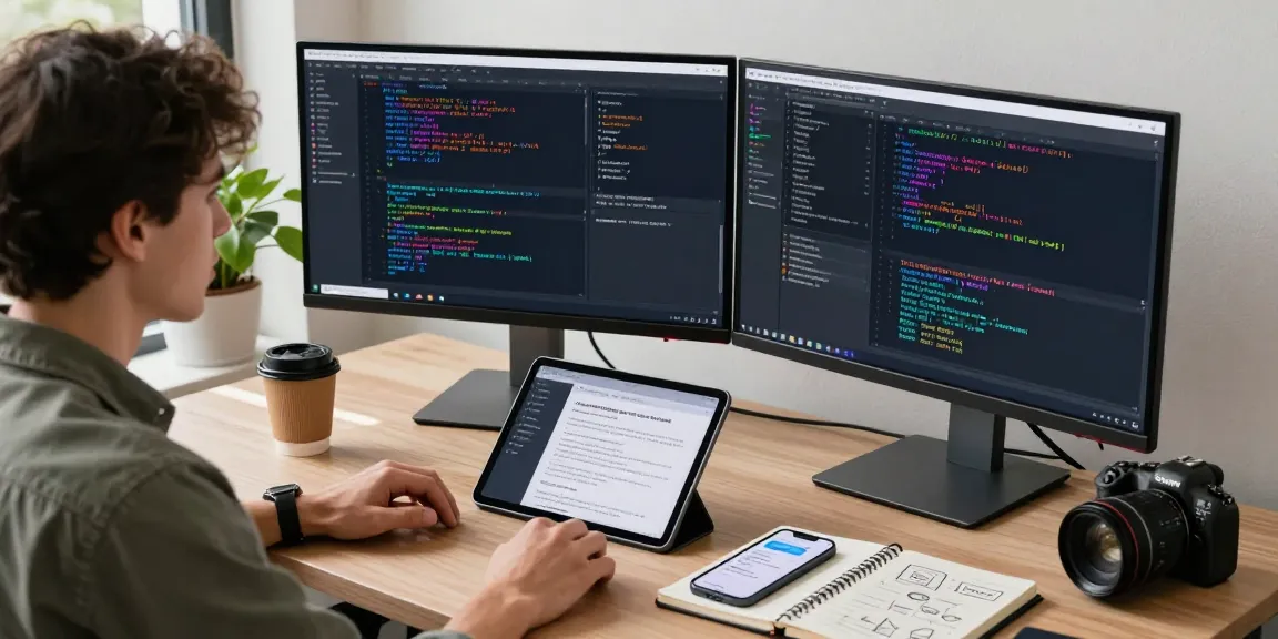 Developer optimizing telegram中文版 app in modern workspace with dual monitors and coding interfaces.