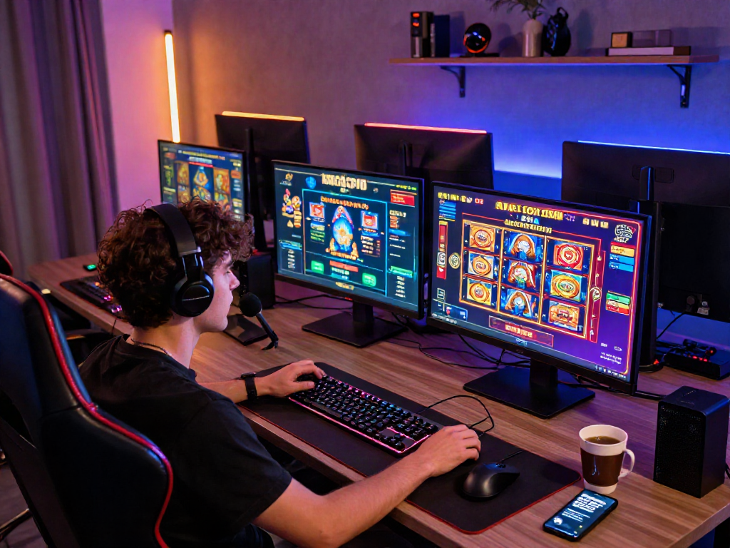 Menampilkan suasana bermain judi online dengan Link LUXURY111 di rumah, gamer fokus pada permainan kasino digital.