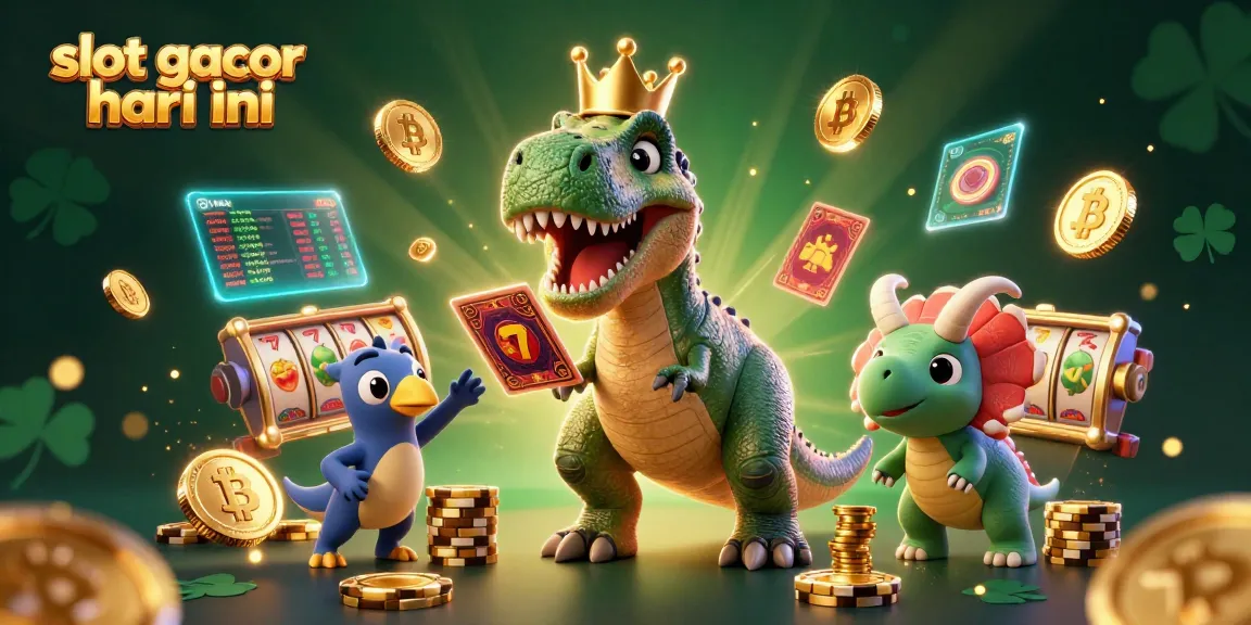 Engage in fun with slot gacor hari ini featuring a T-Rex shuffling cards and a baby triceratops stacking chips.