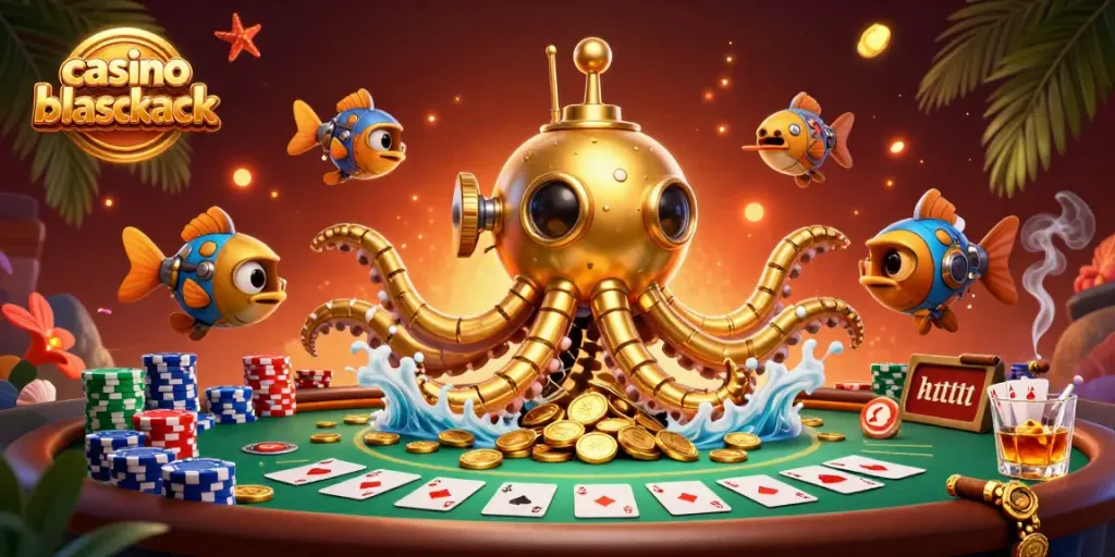 El emocionante juego de blackjack de casino con un kraken dorado y fichas brillantes rodeando la mesa.