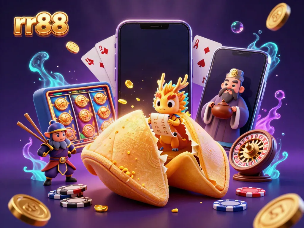 Engage in thrilling gaming at rr88, featuring vibrant elements like a golden fortune cookie and dynamic slot games.