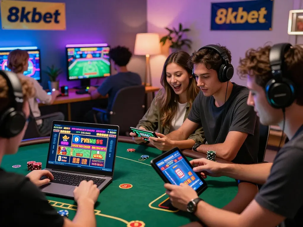 Players enjoying online casino games on their devices, featuring exciting 8kbet graphics.