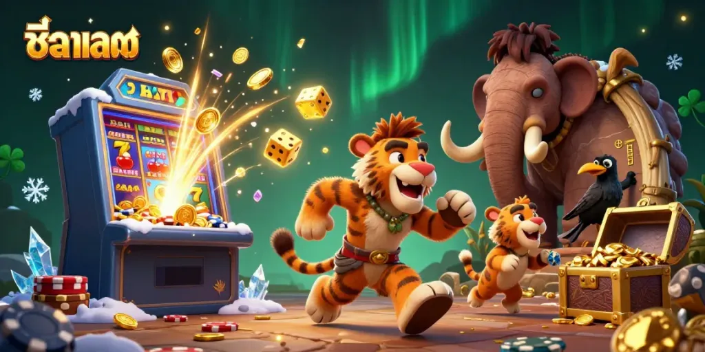 Engage with ชื่อเกมสล็อต featuring a dynamic casino scene with ancient characters, triumphant slot wins, and a playful crow assistant.