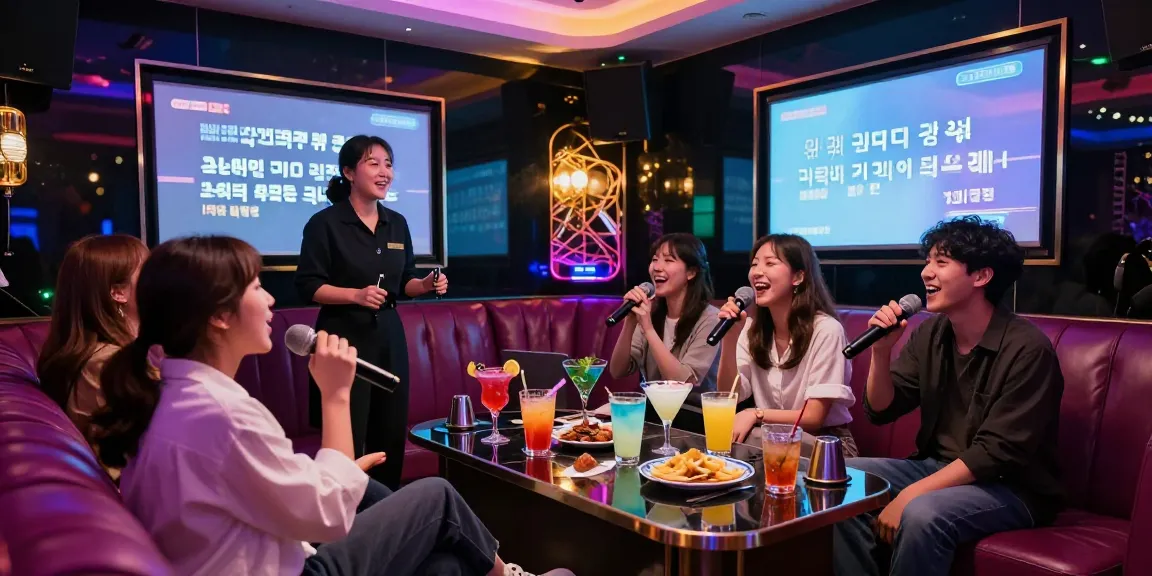 Group enjoying vibrant karaoke experience at www.3no.org with drinks and lively atmosphere.