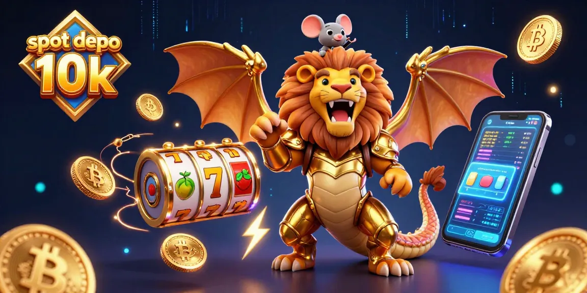 Permainan slot depo 10k menunjukkan kemenangan besar dengan karakter kartun unik dan elemen slot yang berkilauan.