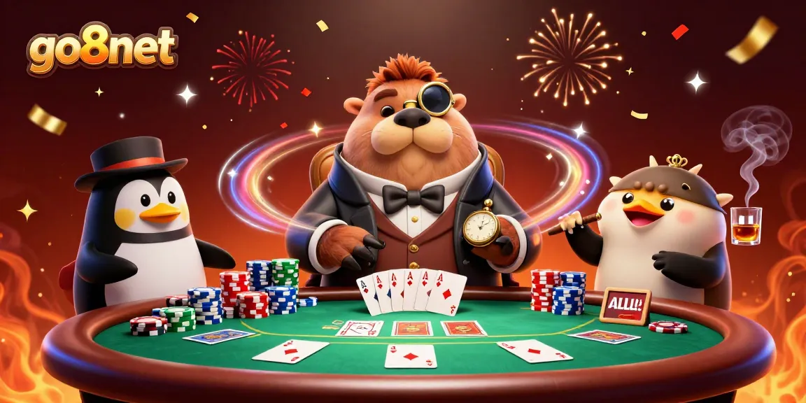 Experience thrilling poker action with go8net's jolly walrus at an underwater table, bluffing against unique players.