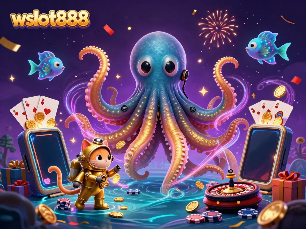 Gambarkan aksi permainan slot wslot888 dengan karakter laut dan suasana meriah yang menarik.