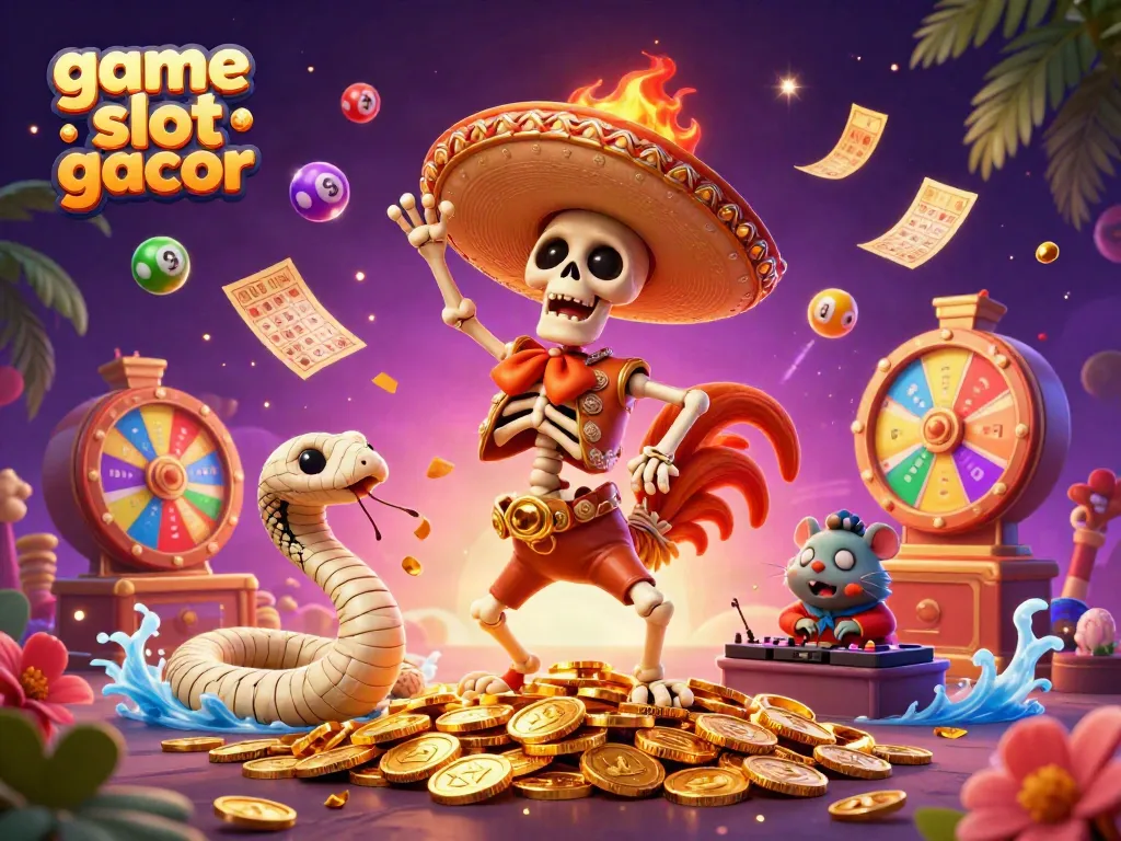 Experience the thrill of game slot gacor with a lively scene of a cartoon mariachi rooster and vibrant game elements.