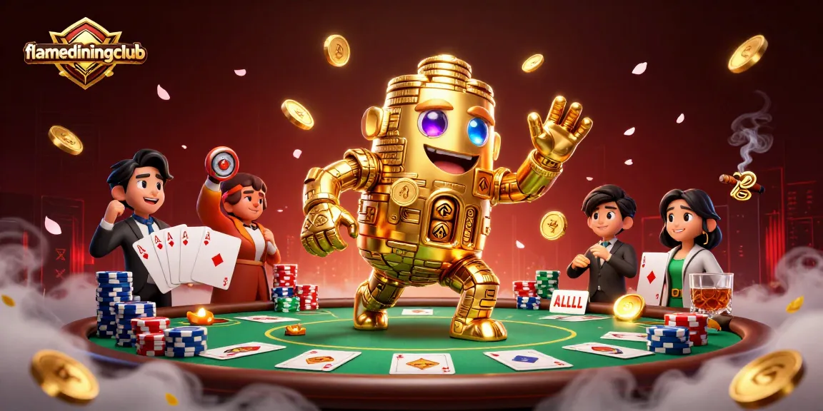 Winning spins at flamediningclub with a golden golem, poker chips, and casino action.