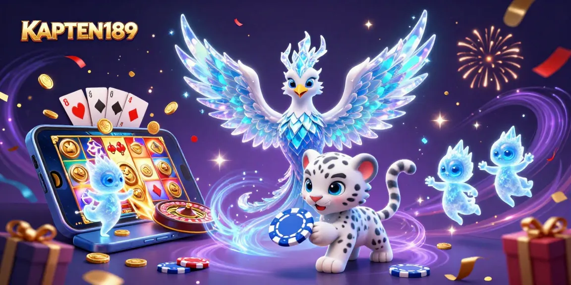 Meja permainan KAPTEN189 dengan phoenix es dan karakter cerah, menciptakan energi kemenangan