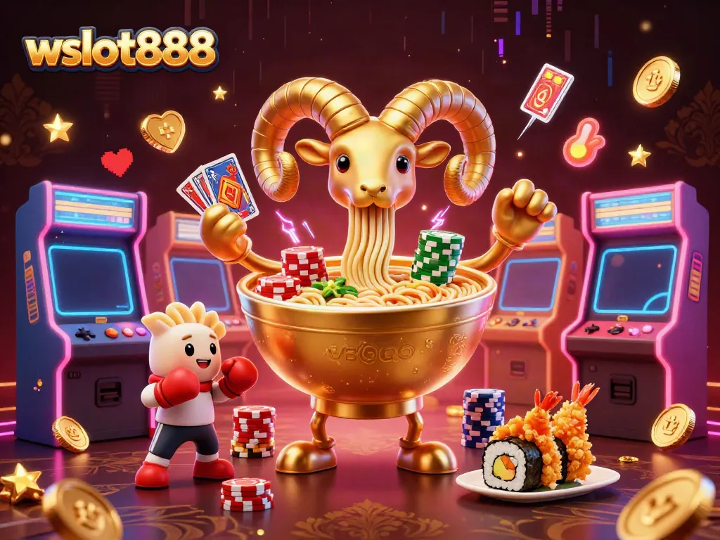 Gambaran ilustrasi 3D karakter ramen emas yang menangani kartu dan chip dalam permainan wslot888.