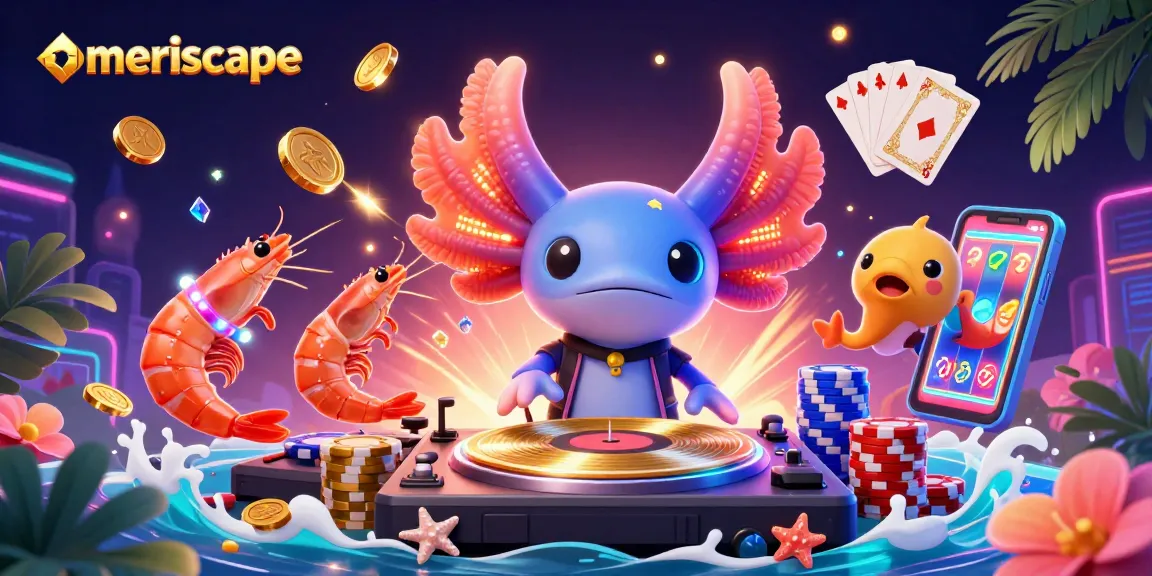 Ameriscape menghadirkan DJ axolotl neon beraksi di kasino bawah laut dengan koin berkilauan.