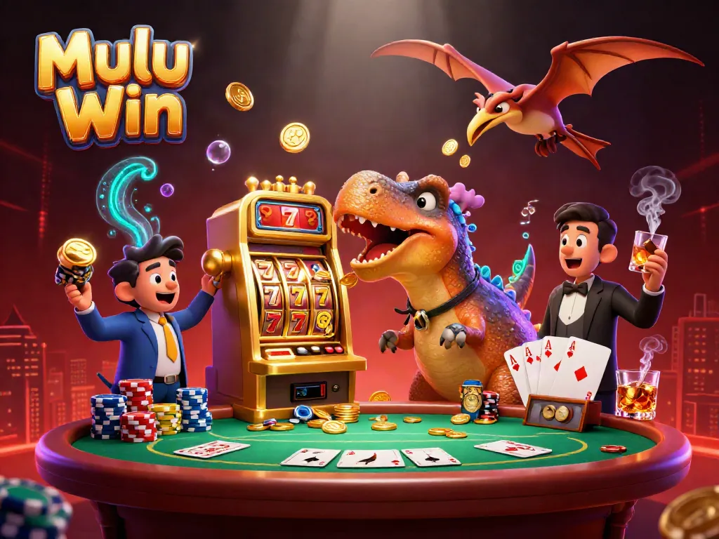 Mulu Win features a dinosaur headbutting a slot machine amidst a dynamic casino scene.