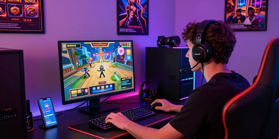 Kudaliar89 platform gaming scene dengan pemain menikmati slot game terbaru, aksesori permainan di sekitar, dan suasana modern.