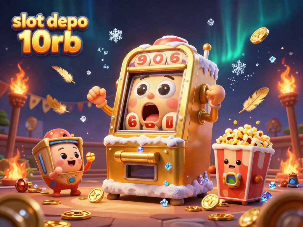 Experience slot depo 10rb excitement with a golden slot machine hitting a jackpot as coins pour out.