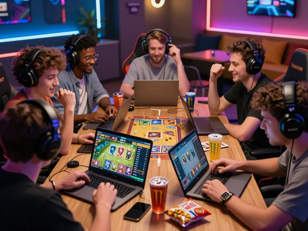 TIN TỨC hubet88 players immersed in competitive online card gaming in a vibrant lounge, showcasing modern gaming trends.