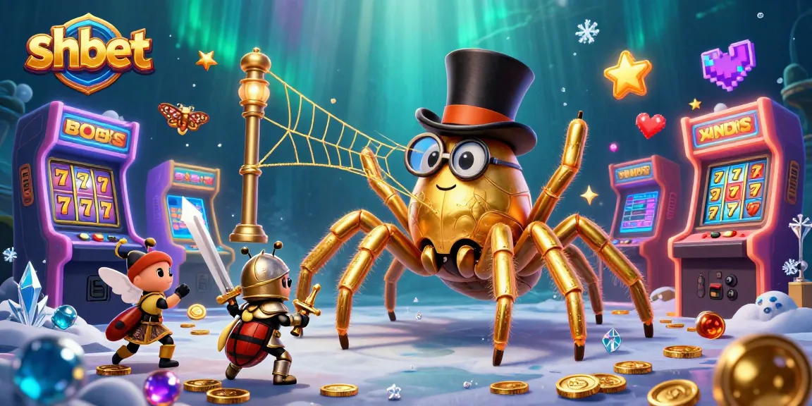 Experience shbet's vibrant gaming world through a mesmerizing 3D illustration featuring a golden tarantula and beetle knight.