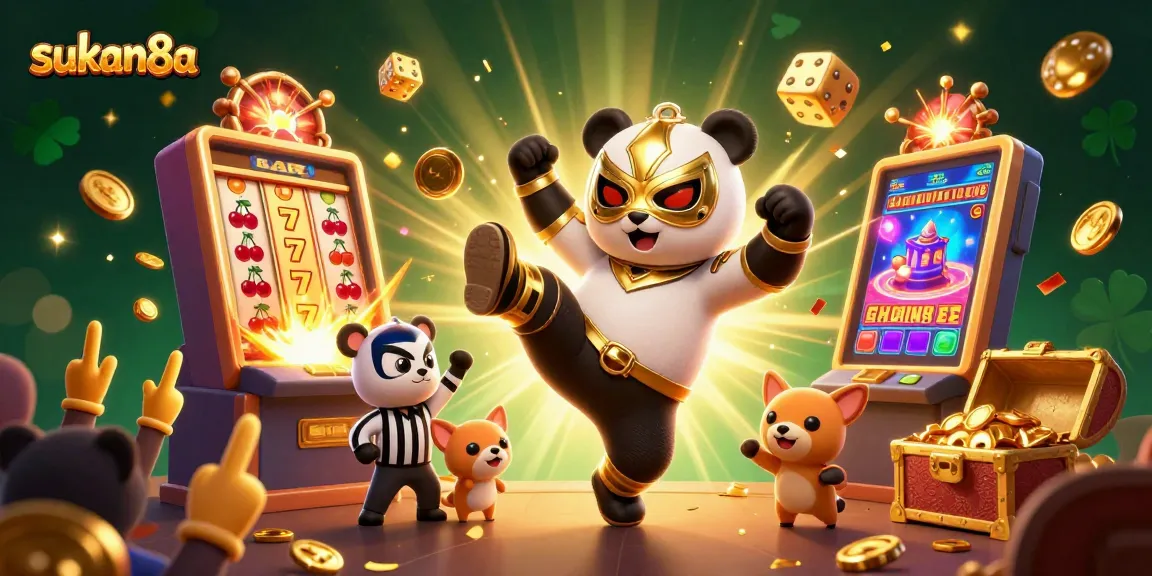Sukan8a offers thrilling jackpot action with a flying panda wrestler and dynamic slot machine scene.