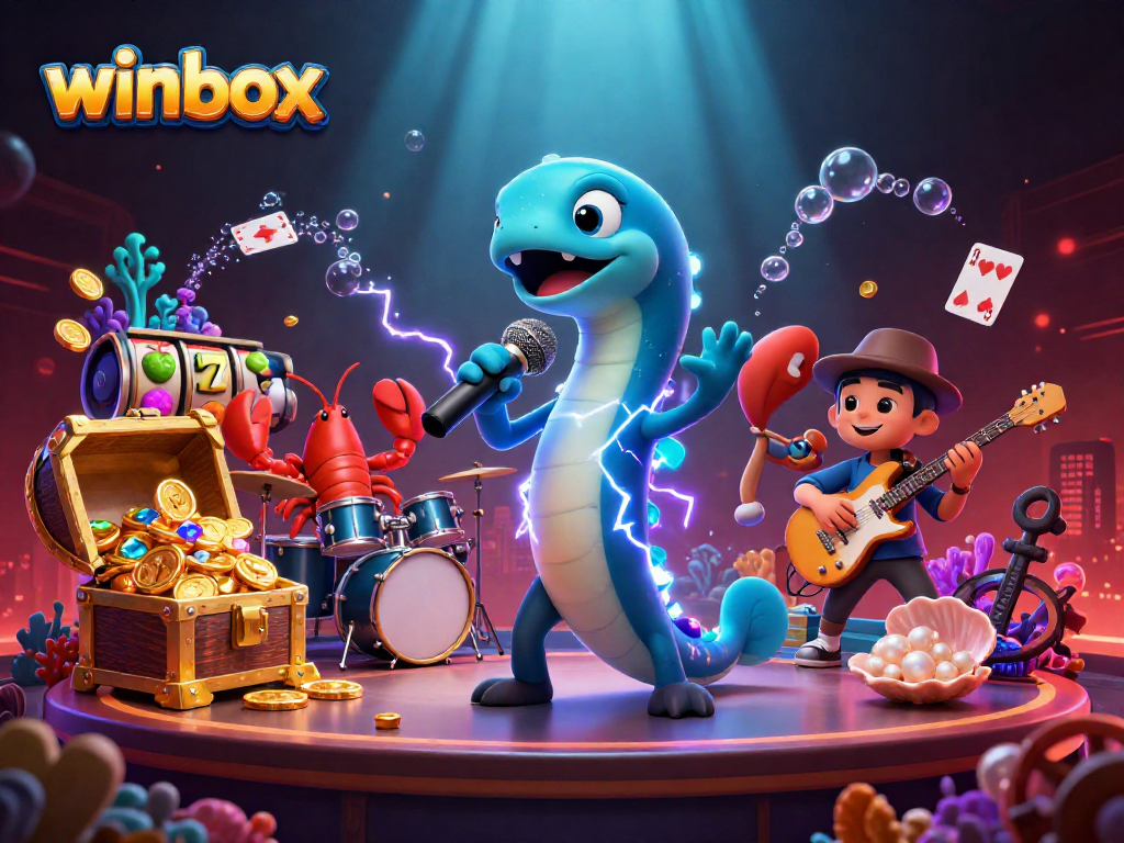 Experience winbox action with a lively DJ electric eel and vibrant casino elements in a colorful underwater scene.