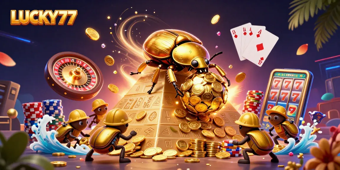 Win big with LUCKY77 as 3D beetles roll golden coins in a vibrant casino landscape!