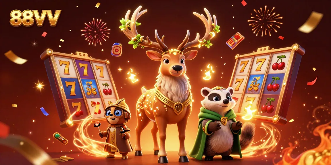 Experience exciting wins at 88VV with vibrant slot reels and magical characters in stunning illustration.