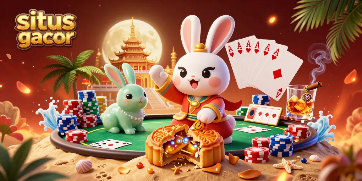Experience thrilling winnings at situs slot gacor with a magical moon rabbit revealing hidden poker chips among dynamic casino elements.