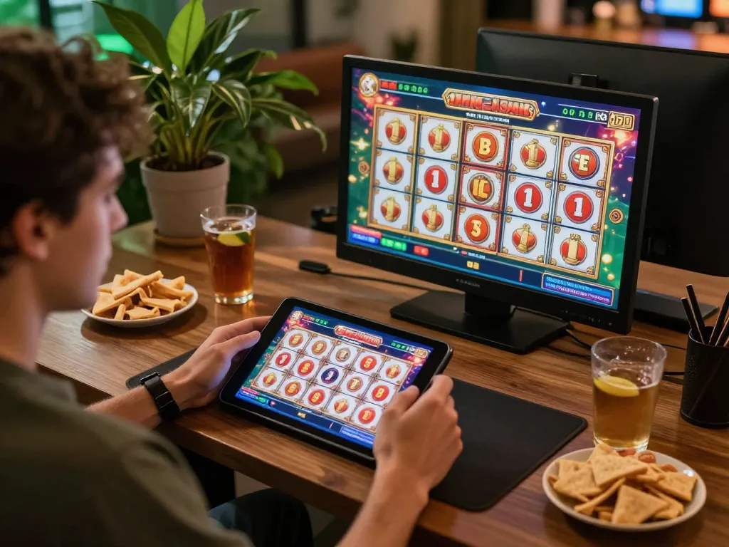 Betbet player enjoying a thrilling slot game on tablet at home, showcasing vibrant online gaming atmosphere