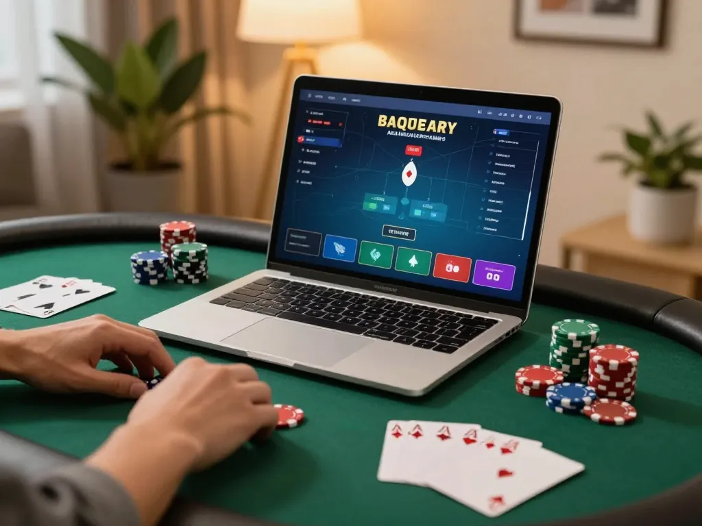 Engaging poker gameplay on 388bet browser with strategy notes, cozy gaming atmosphere.