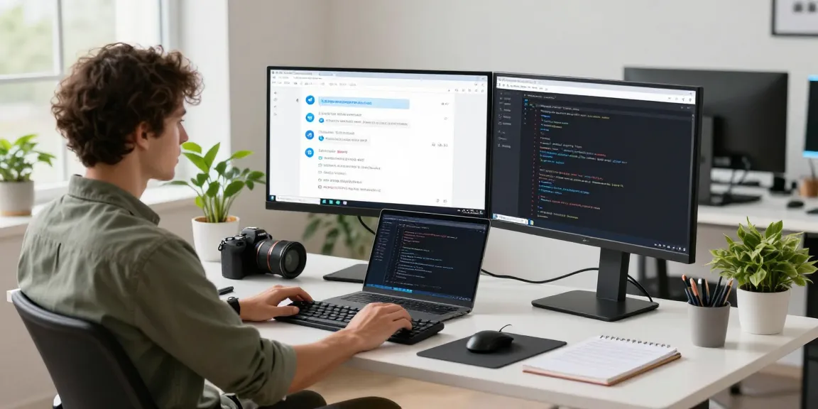 Developer using the 纸飞机中文版 app in a modern tech workspace, dual screens showing chat messages and code.