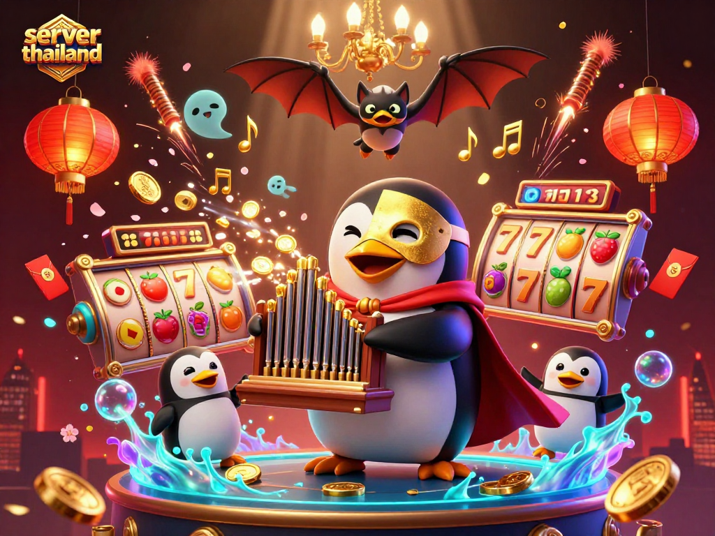 Engage with server thailand in an enchanting casino scene featuring a playful penguin and festive elements.