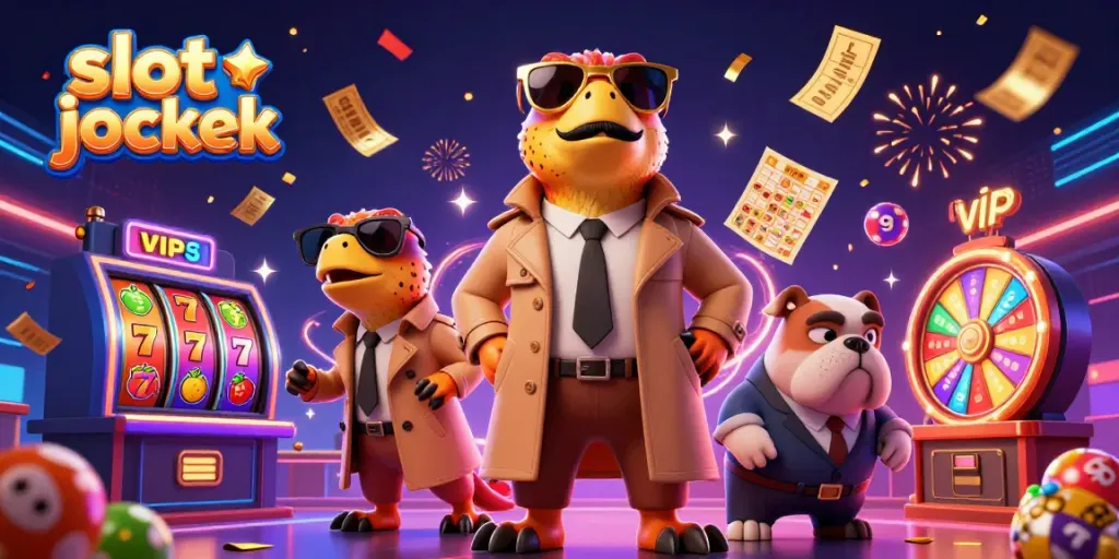 Memenangkan slot jackpot di kasino dengan simbol slot cerah dan karakter lucu.