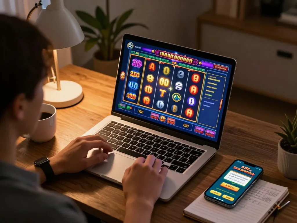 Player enjoying slot gacor game on laptop, demonstrating responsible online gaming at home.