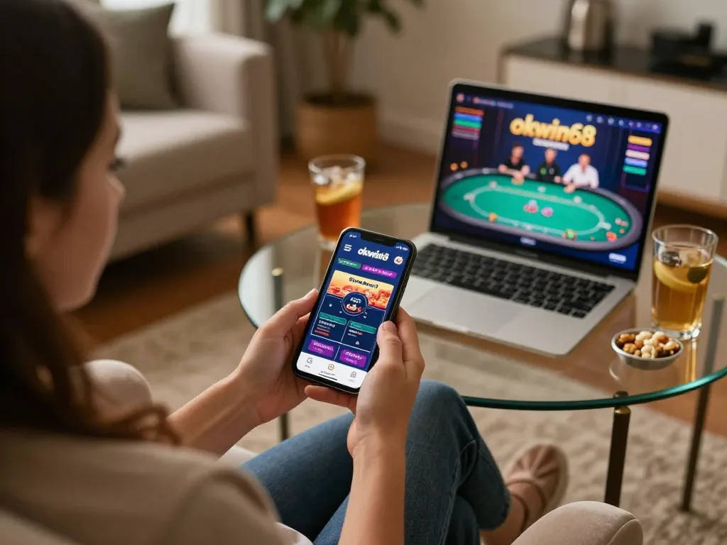 Player engaged with okwin68 app on mobile, enjoying online gaming in a cozy setting