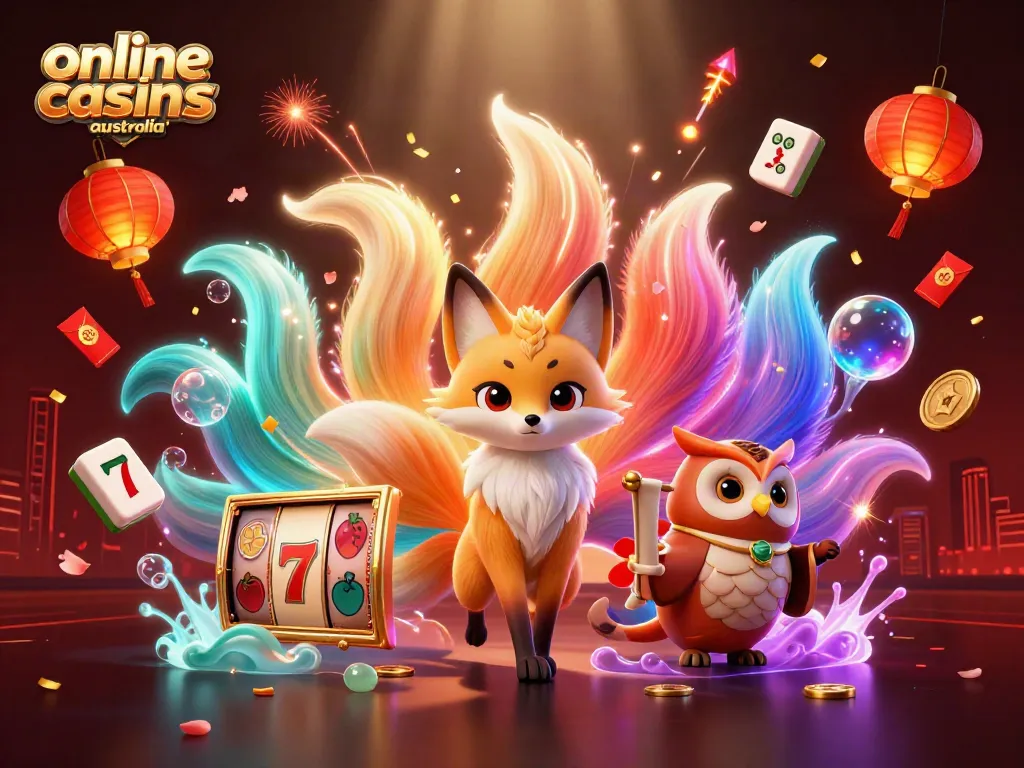 Experience vibrant online casinos australia with a nine-tailed fox and wise owl amidst dynamic casino elements.