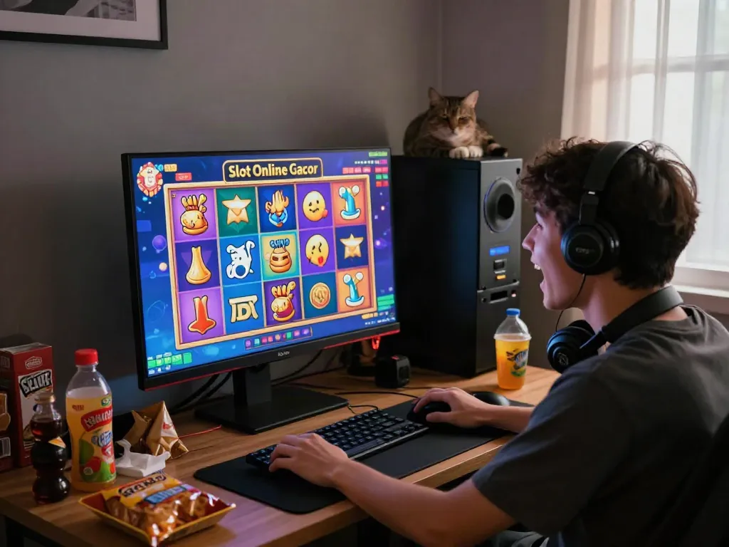 Player experiencing the thrill of slot online gacor with vibrant graphics and cozy gaming setup, enjoying a fun session