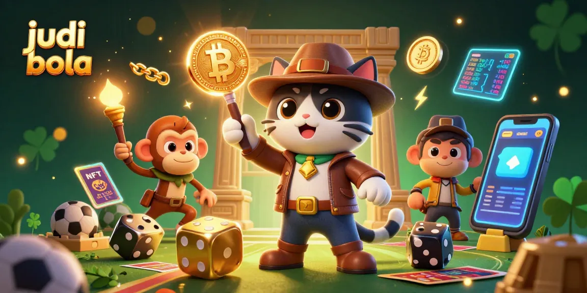 Engage with judi bola strategies featuring a cat explorer and monkey in a vibrant betting scene.