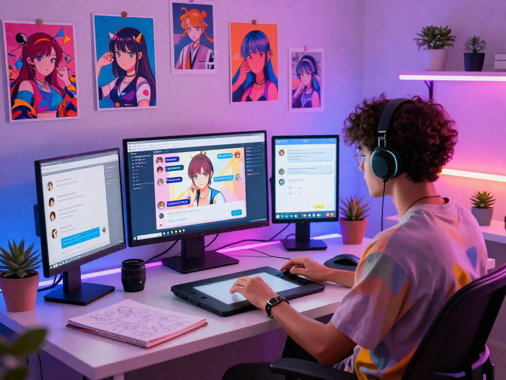 Engaging hentai AI chat design process with vibrant digital art studio and creative professional.