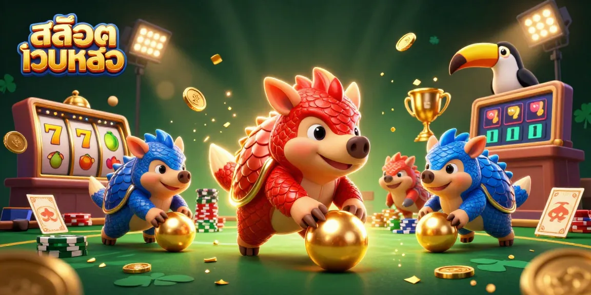 Experience the excitement of สล็อตเว็บตรง with dynamic slot reels and vibrant gaming elements, featuring playful pangolins.