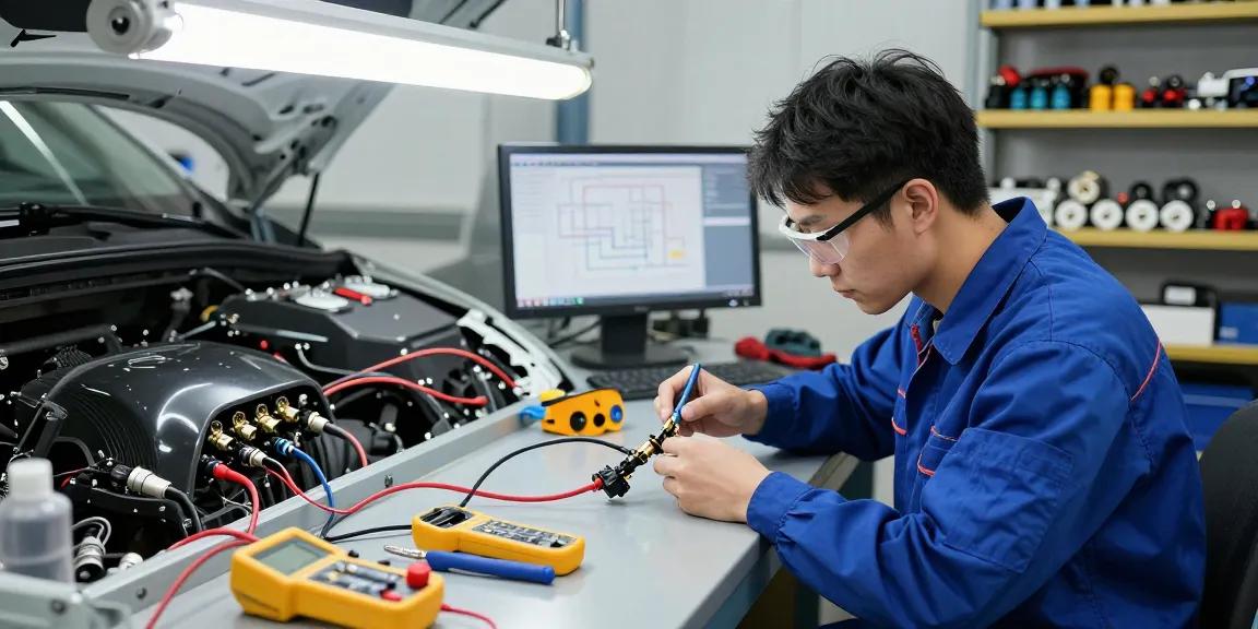 Skilled technician connecting automotive connectors in a workshop.