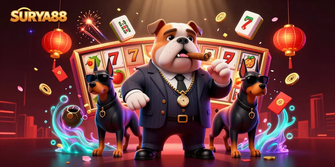 SURYA88 casino illustration featuring a mafia bulldog surrounded by slot game elements and vibrant decorations.