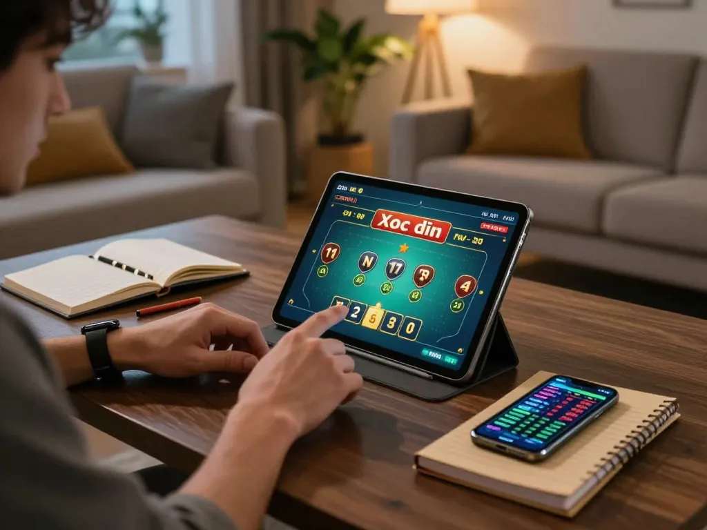 xóc đĩa online gameplay on a tablet with strategic notes and smartphone beside