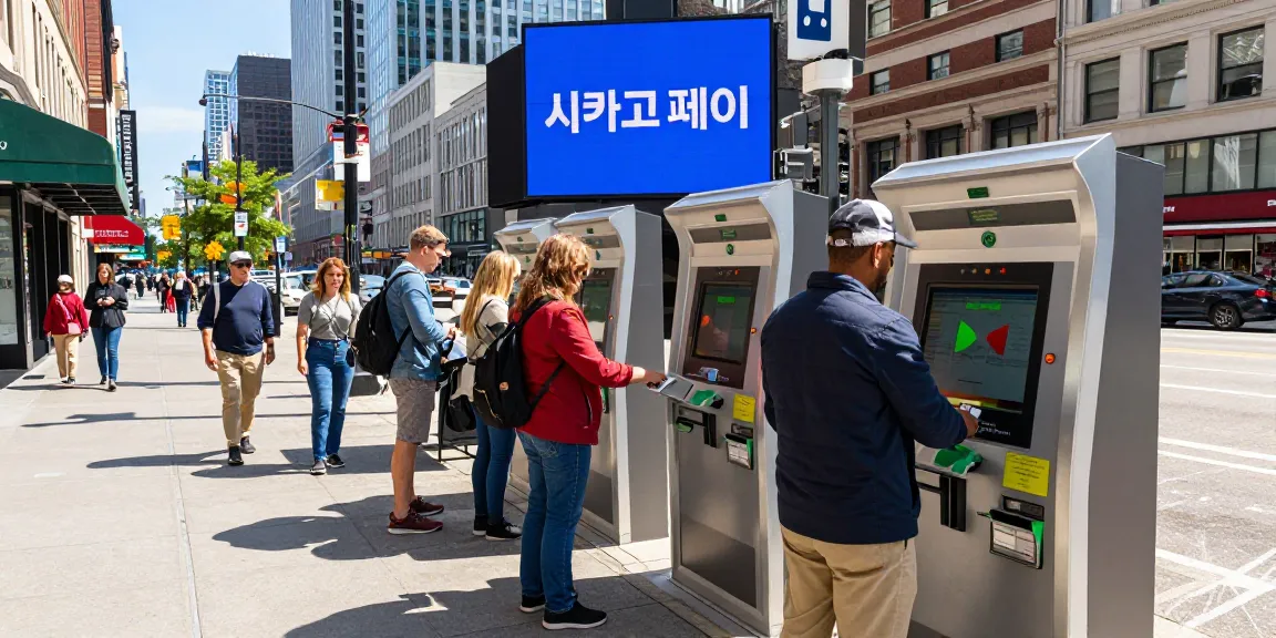 Interacting with 시카고페이 kiosks in a bustling Chicago street scene, showcasing diverse users and modern payment technology.
