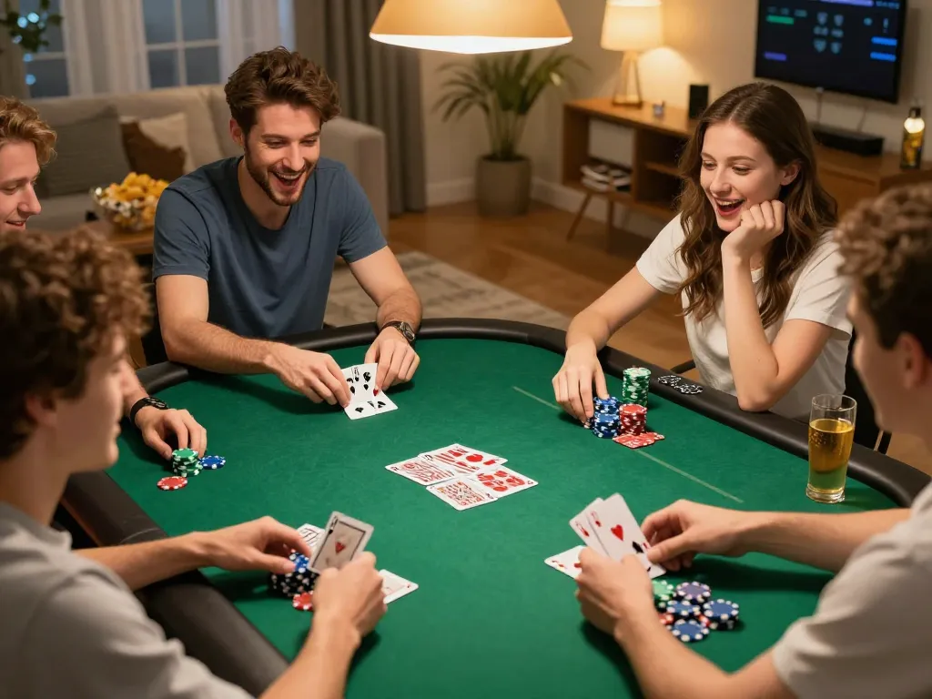 Friends enjoying a thrilling poker night at home, showcasing an exciting rr88 atmosphere.