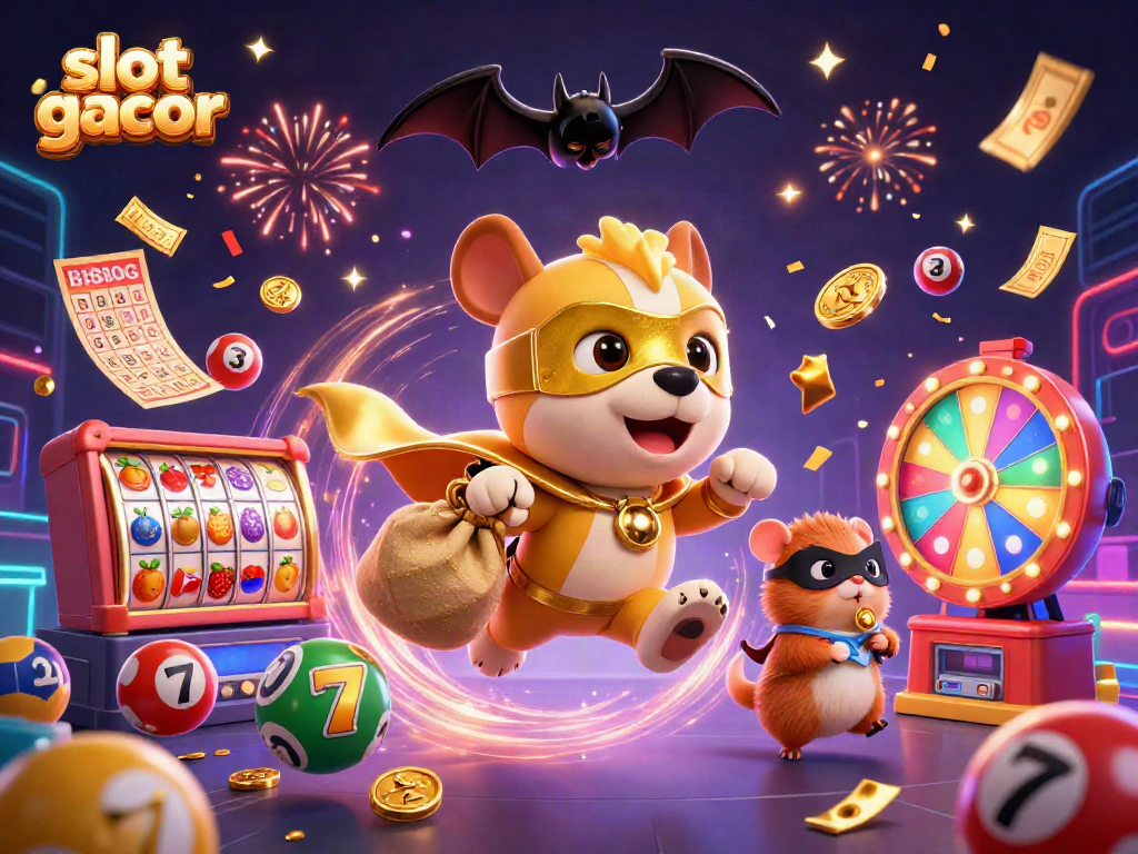 Engage with slot gacor as a superhero dog soars, showering gold coins and vibrant lottery elements.
